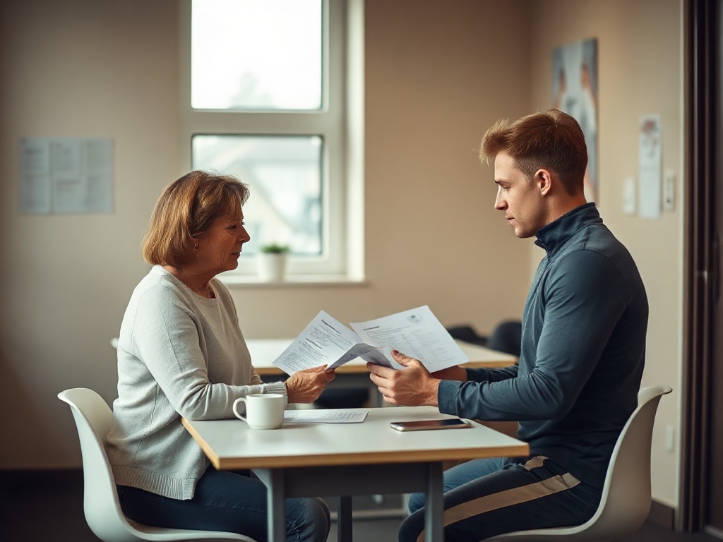 Candid photo of a middle-aged woman and a male trainer sitting across a small desk in a modest Polish fitness club office